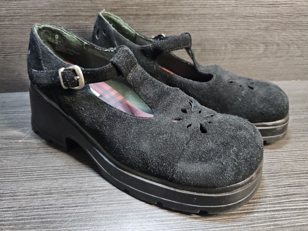 American Eagle T-strap Mary Jane Suede Platform Shoes Womens Size 9 Black